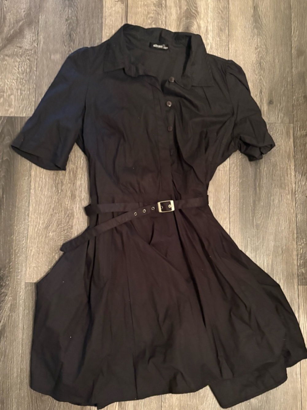 Black Short-Sleeve Belted Shirt Dress